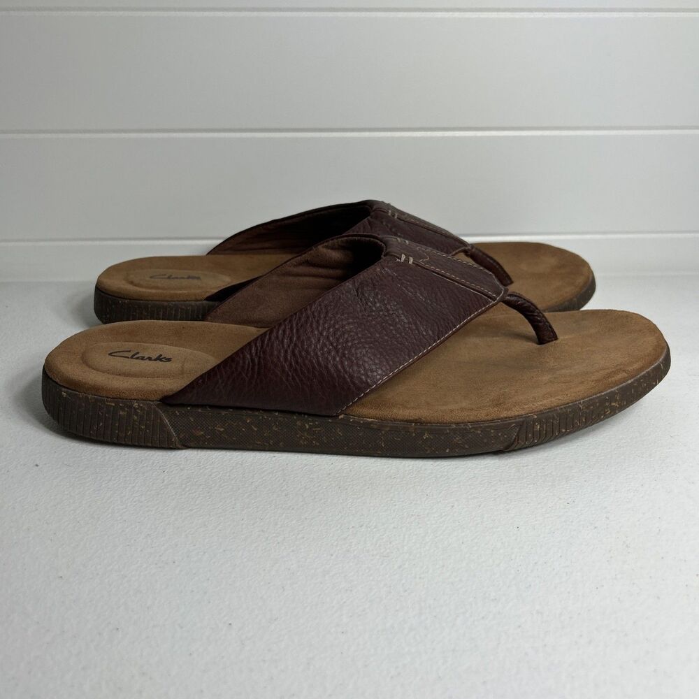 Clarks Mens Sandals Size 12 Brown Toe Post Leather Vine Oak Flip Flop